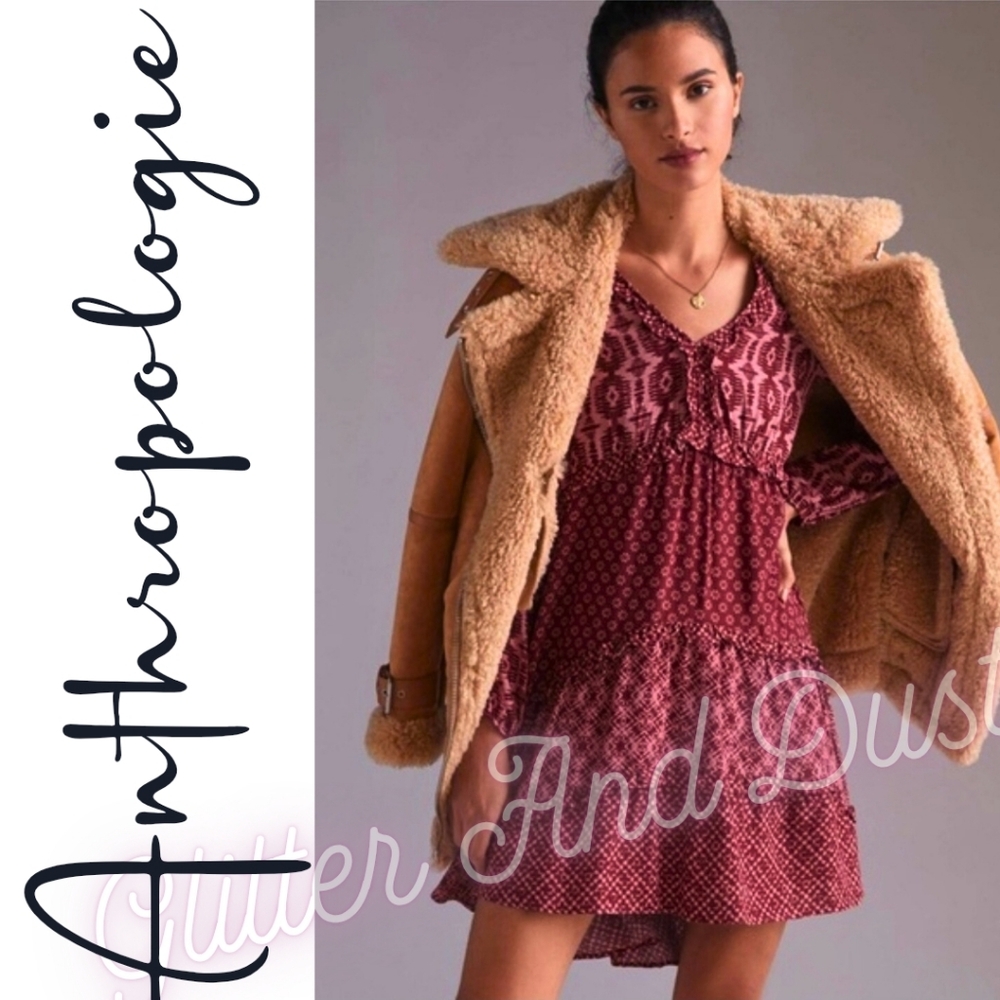 Anthropologie Tiered V Neck Prairie Mixed Print Dresss